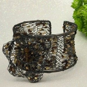 🌼 Gun Metal Wire Art Brown Bead Flower Statement Cuff Bracelet
